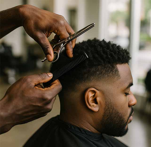 Men's hair system consultation Barber preparing a men's haircut and hair system style