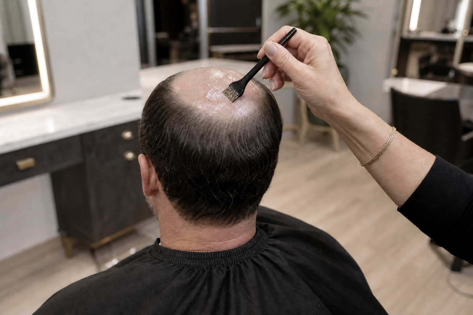 Men's hair system application Hair system application preparation with adhesive
