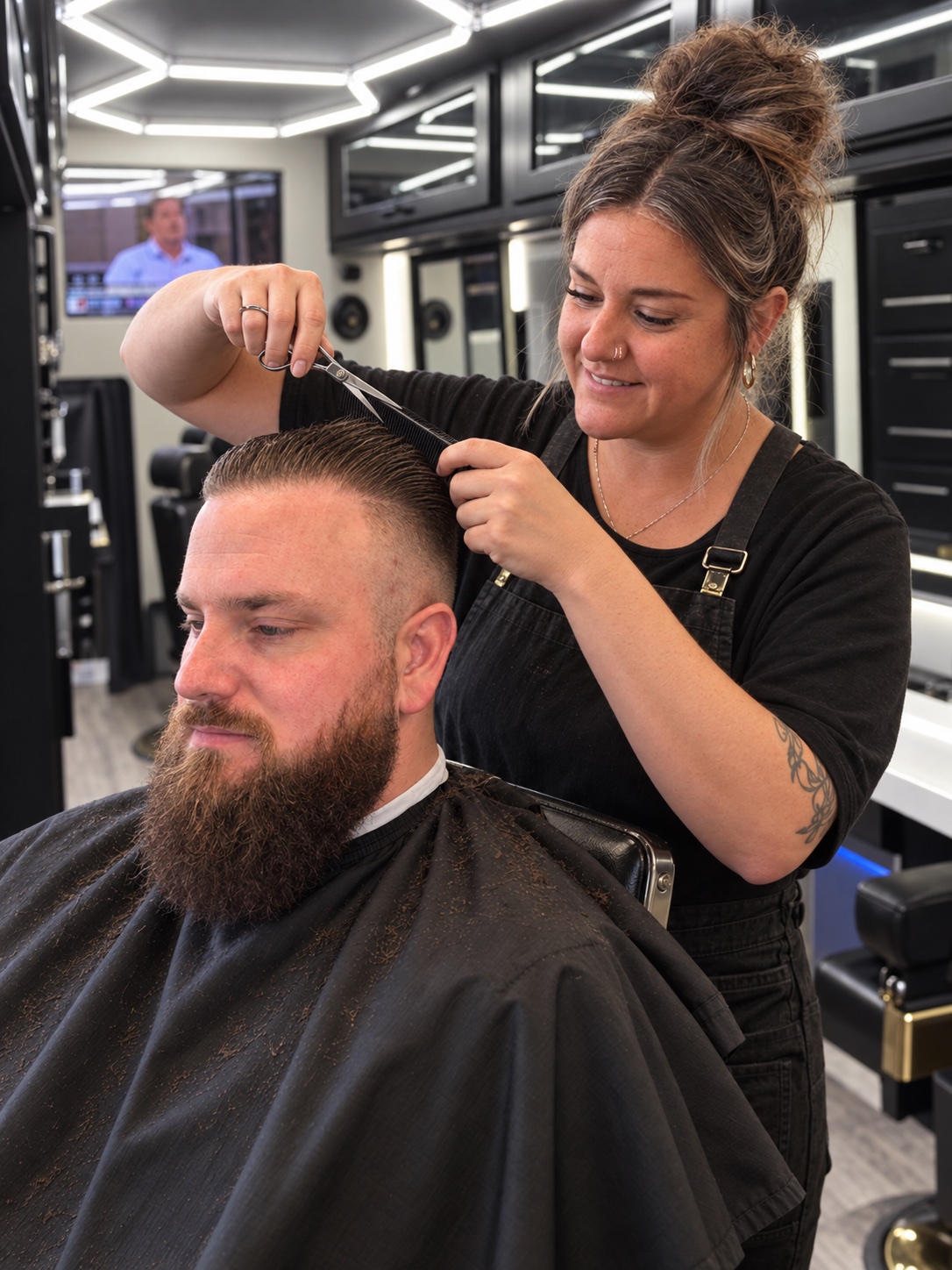 Elizabeth giving a precision haircut at Truly Blessed Barber Studio in Winchester, California